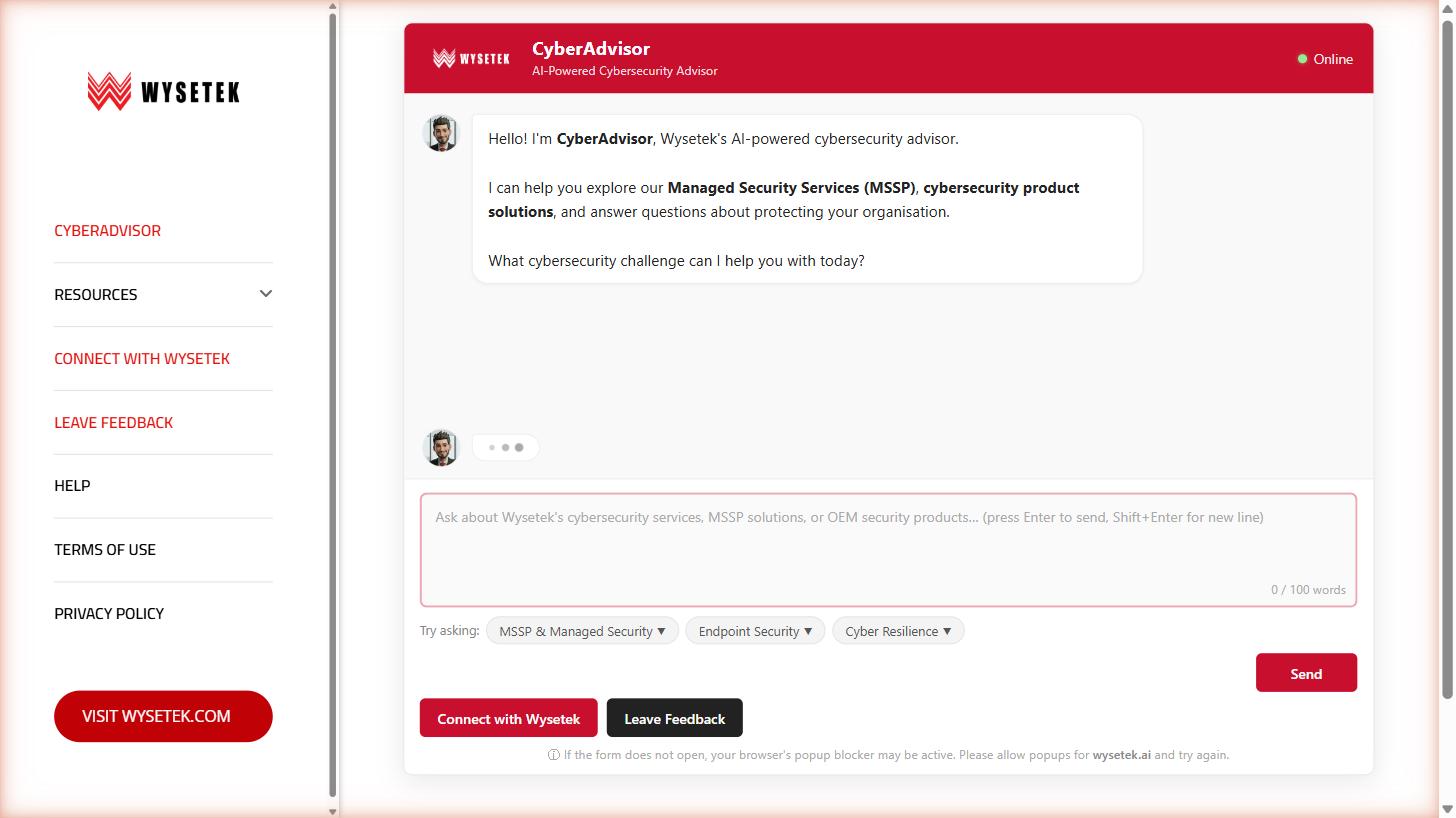CyberAdvisor — Wysetek AI-Powered Cybersecurity Advisor interface